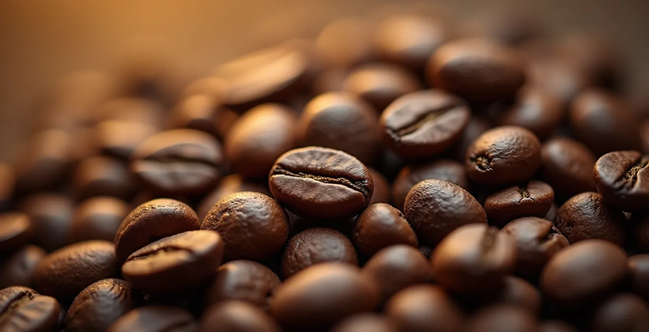 Photo macro de grains de café aux différentes teintes illustrant les profils aromatiques variés, éclairage naturel et textures riches