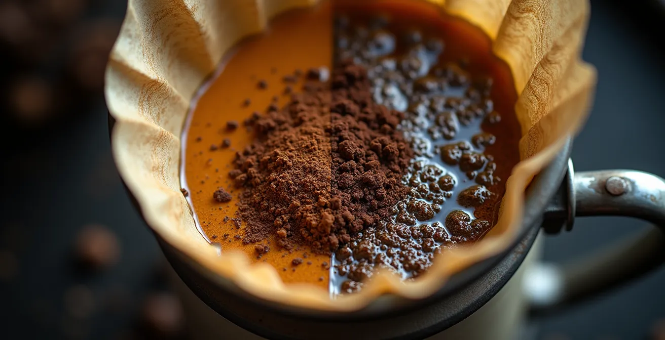 Détail macro de l'extraction du café montrant la différence entre filtration et immersion