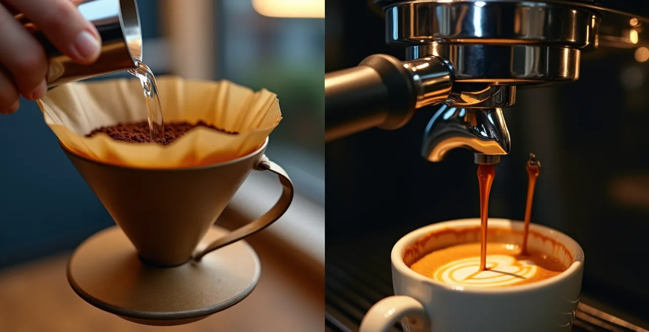 Image divisée illustrant une main versant de l'eau sur un filtre V60 à gauche, et un espresso crémeux en extraction à droite, éclairage naturel cinématographique
