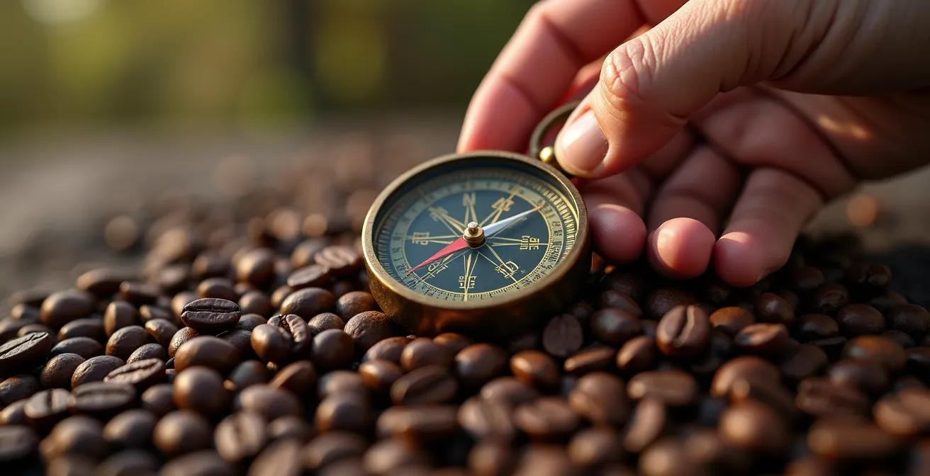Close-up sur une main tenant une boussole sur un fond de grains de café avec lumière douce et textures riches