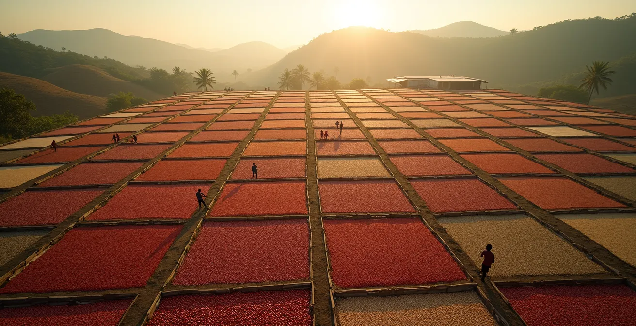 Vue aérienne d'une station de traitement du café avec lits de séchage