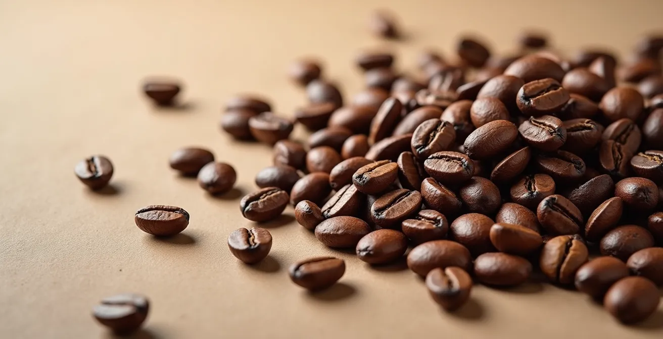 Photo macro sur texture naturelle de grains de café sur fond minimaliste évoquant la pureté et la qualité, éclairage doux