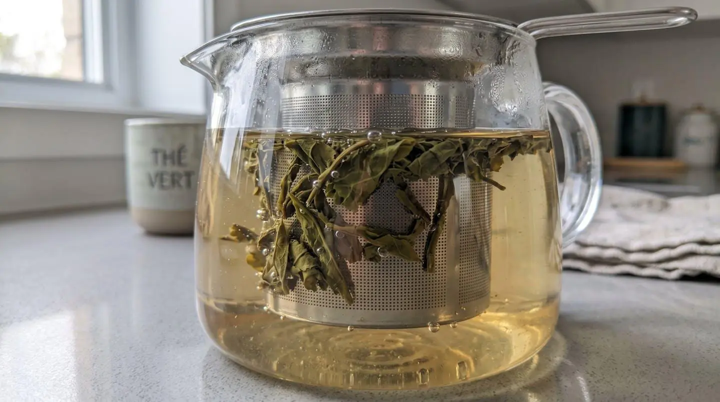 Panier infuseur avec feuilles de thé vert en vrac en train d'infuser dans l'eau chaude, les feuilles se déployant progressivement