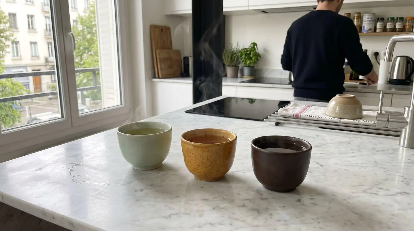 Trois tasses de thé présentant des intensités de couleur différentes allant du vert pâle au brun foncé sur un comptoir en marbre blanc