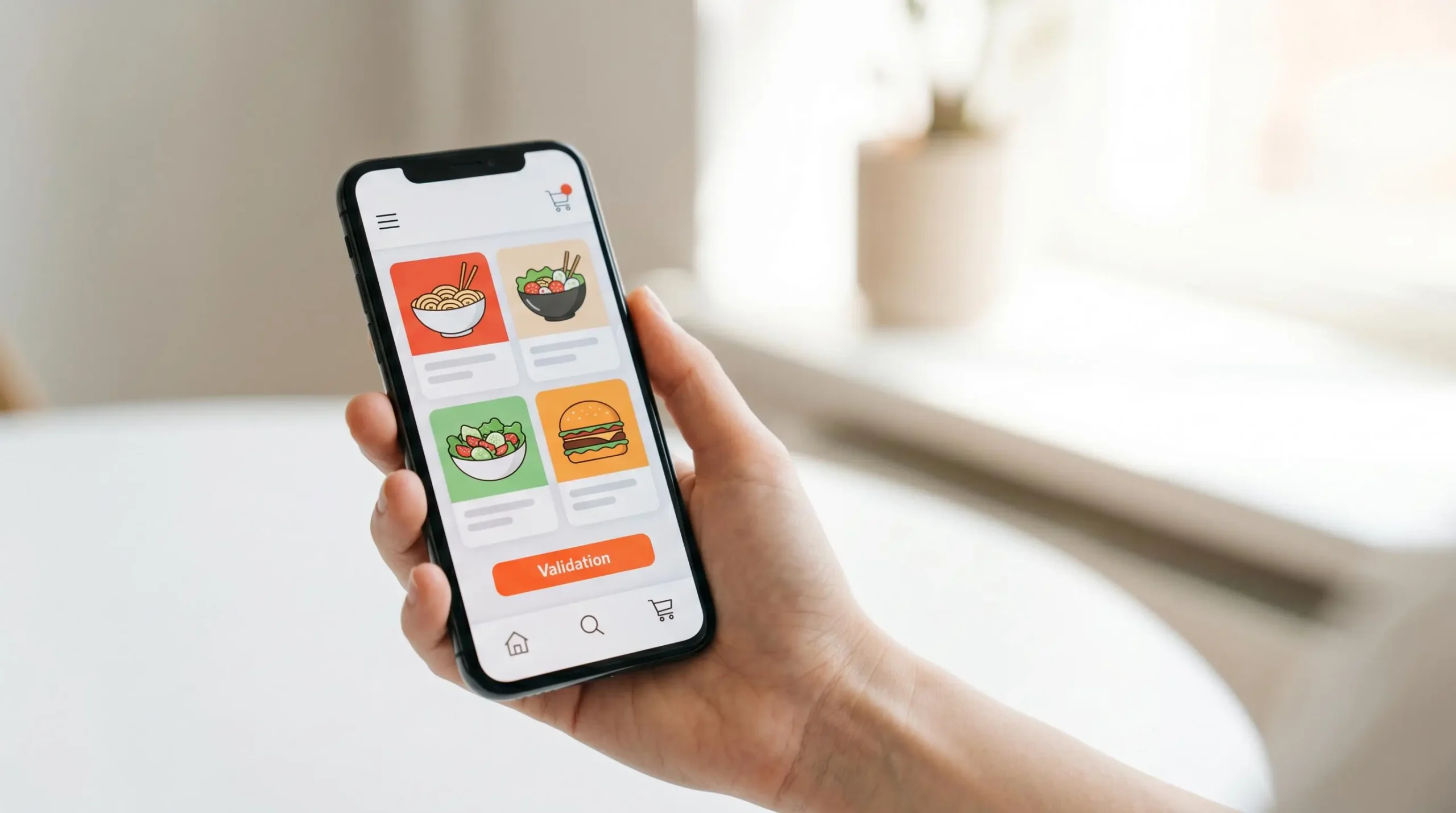Main tenant un smartphone affichant une interface de commande de repas, dans un intérieur moderne et lumineux.