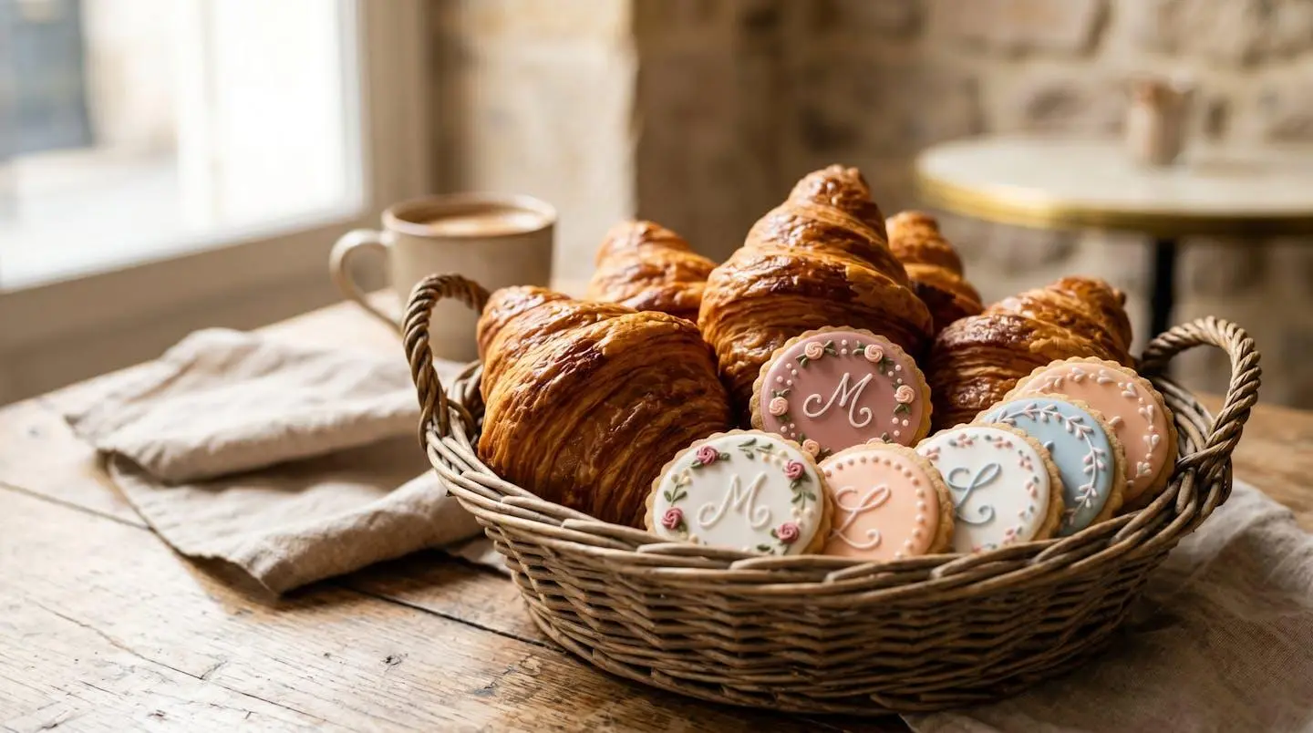 Panier en osier contenant des croissants dorés et des biscuits artisanaux décorés au glaçage royal avec motifs délicats.