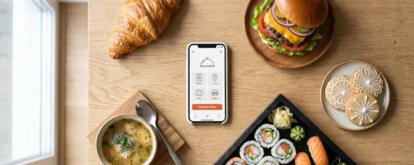 Vue aérienne d'une table en bois avec divers repas livrés : croissant, burger, sushis, soupe et biscuits artisanaux, avec un smartphone au centre.
