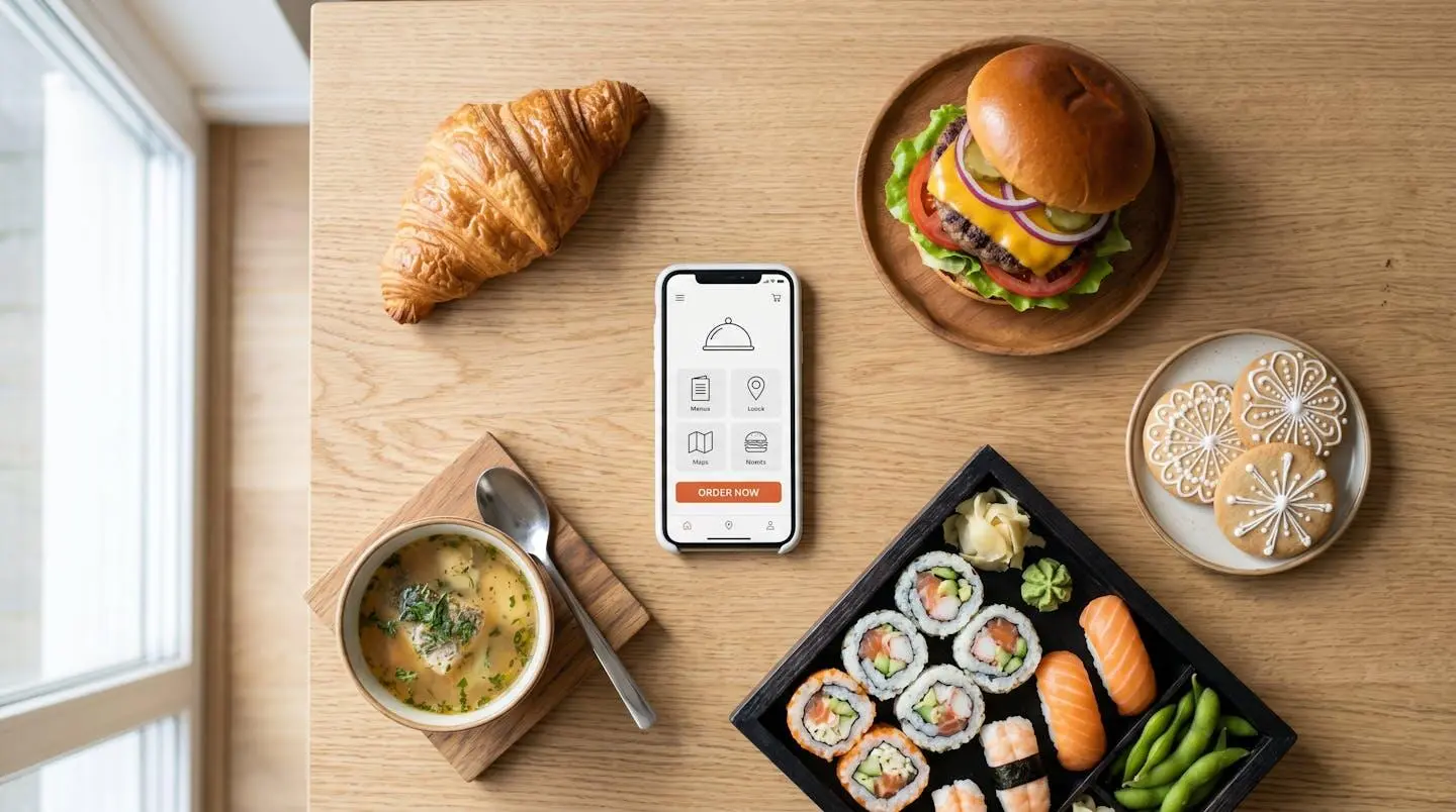 Vue aérienne d'une table en bois avec divers repas livrés : croissant, burger, sushis, soupe et biscuits artisanaux, avec un smartphone au centre.