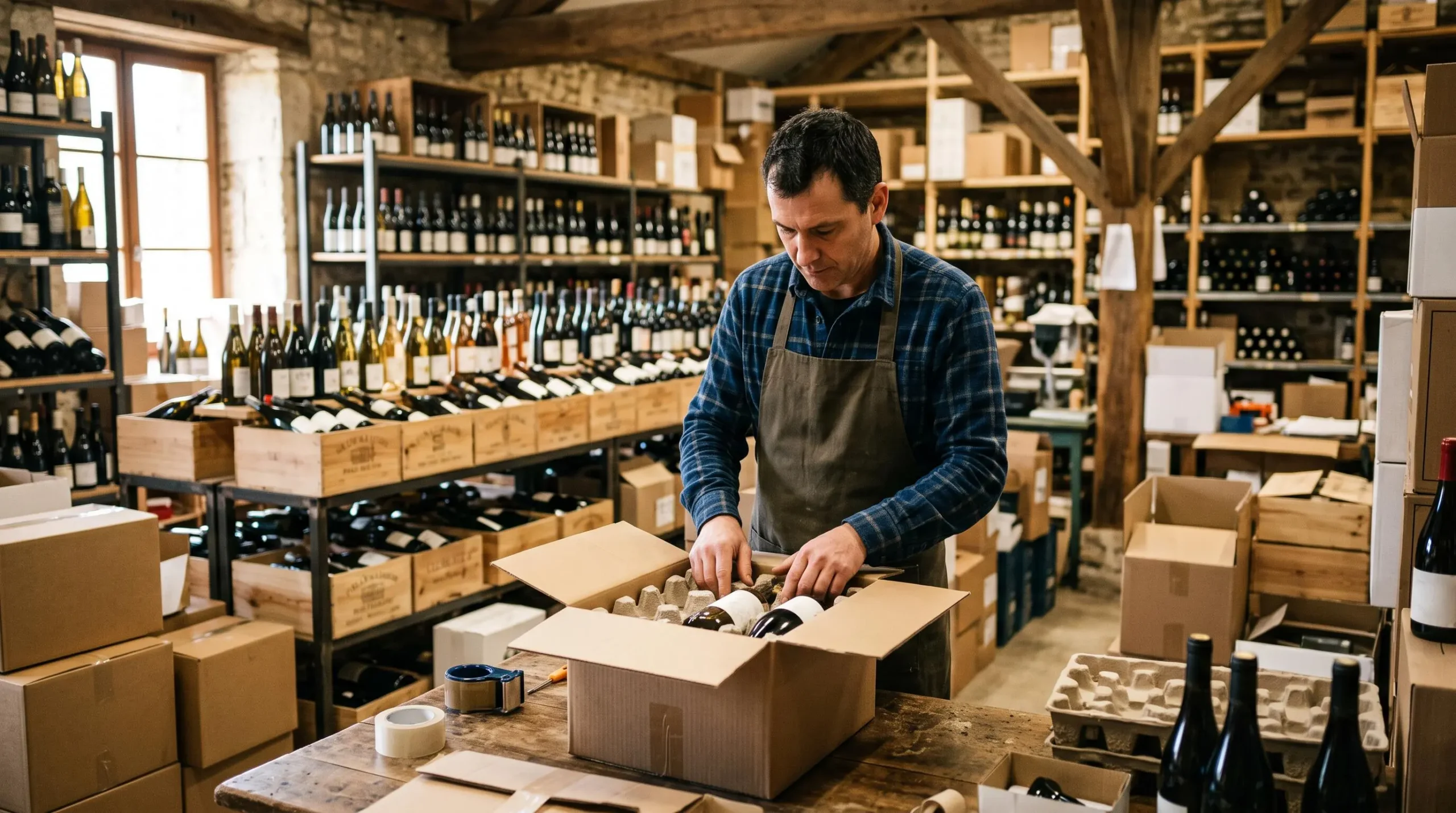 Un caviste emballe des bouteilles de vin dans une boîte de protection dans son entrepôt.