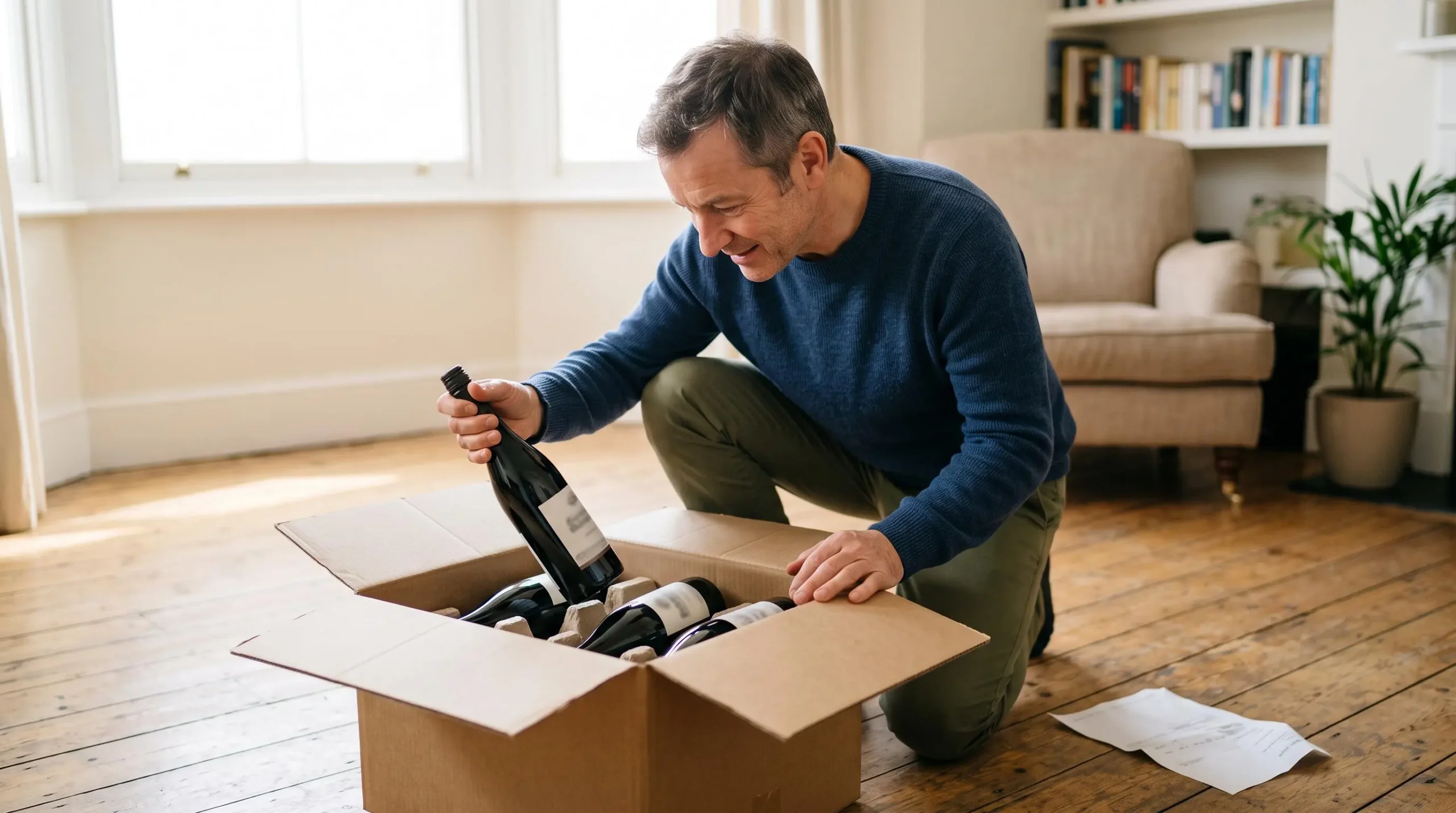 Un homme vérifie les bouteilles de vin reçues dans un carton ouvert chez lui.
