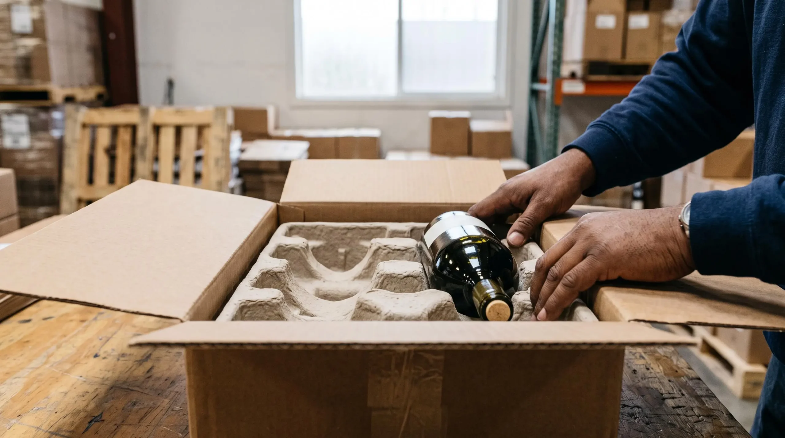 Des mains calent une bouteille de vin dans un insert anti-casse en carton.